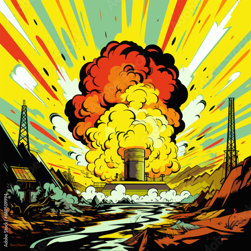 Cartoon vector illustration of a factory explosion on the background of the river