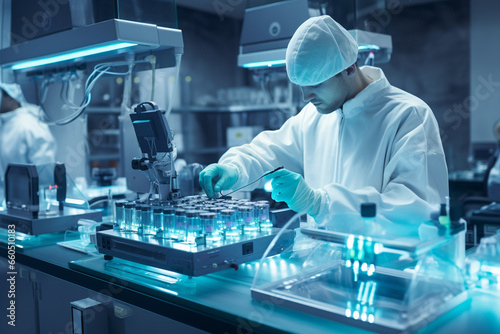 In a modern pharmaceutical lab, a male technician operates a robotic machine that dispenses precise doses of medication, his meticulous oversight guaranteeing product accuracy.  photo