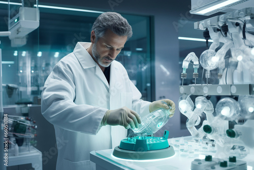 In a modern pharmaceutical lab, a male technician operates a robotic machine that dispenses precise doses of medication, his meticulous oversight guaranteeing product accuracy.  photo