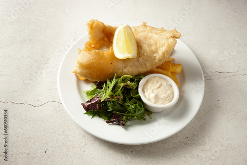 Beer battered barramundi with fries and salad
