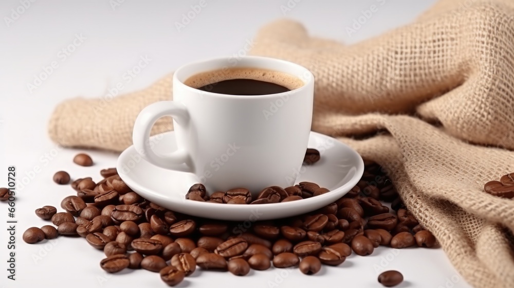 Hot coffee in white cup with coffee beans on white table. Hot coffee in white cup with coffee beans on white table.