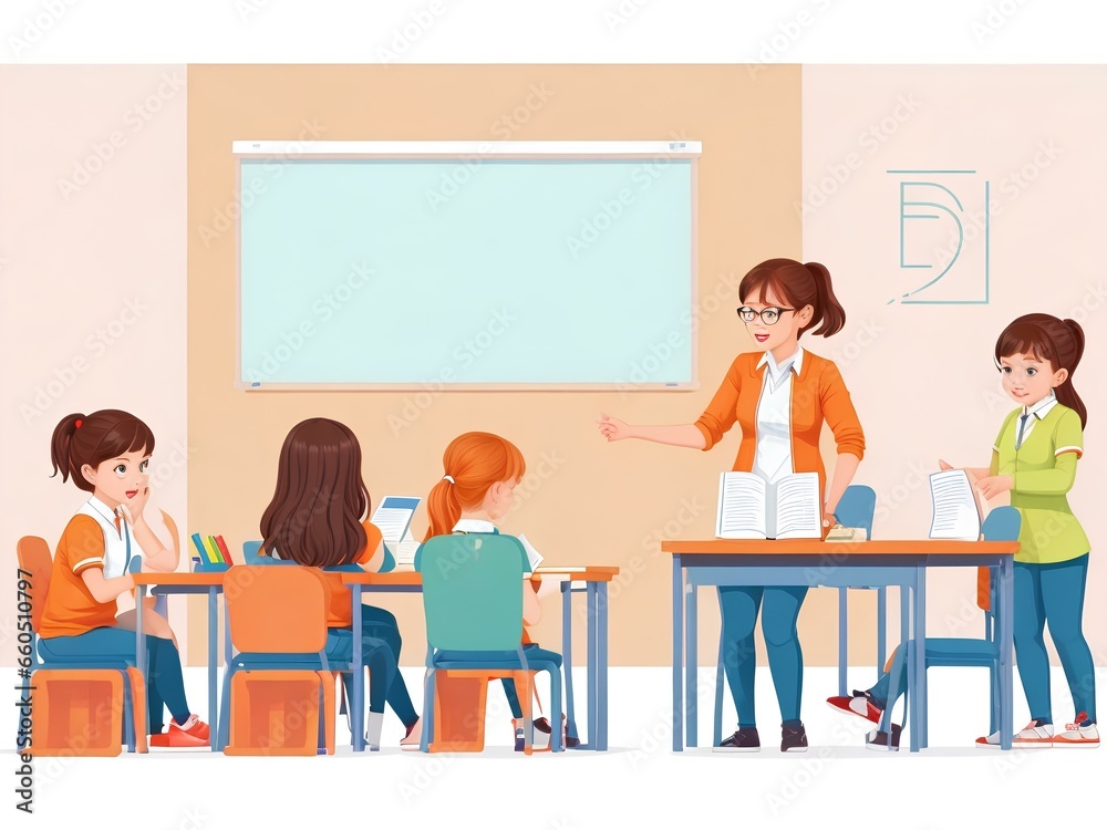 illustration teacher and students in classroom illustration teacher and students in classroom