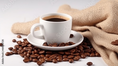 Hot coffee in white cup with coffee beans on white table.