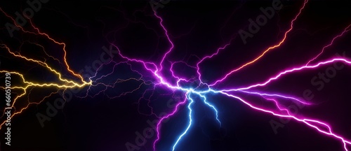 Colorful electric lightning voltage sparks on straight motion on the floor of plain black background from Generative AI