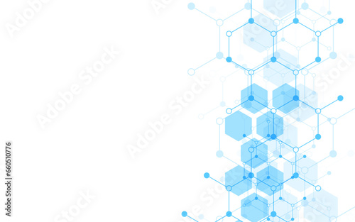Hexagons pattern background. Genetic research, molecular structure. Chemical engineering. Concept of innovation technology. Used for design healthcare, science and medicine background