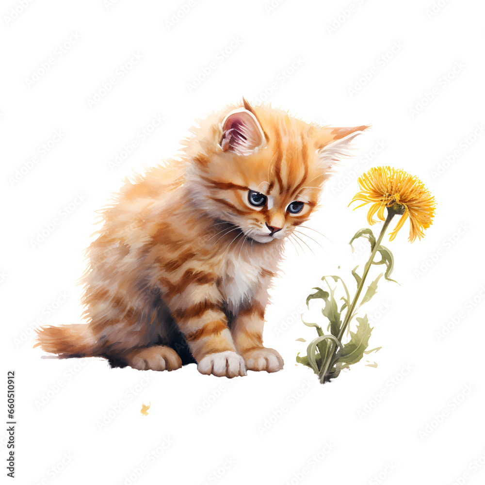 orange tabby cat playing with flowers, watercolor illustration