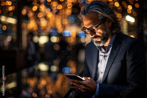 A man in a suit with glasses lookingat his phone  photo