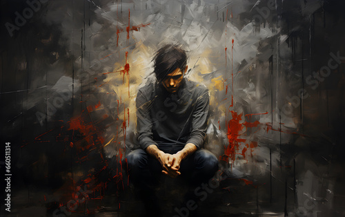 Artistic expression of depression. Dark theme with desperate man.