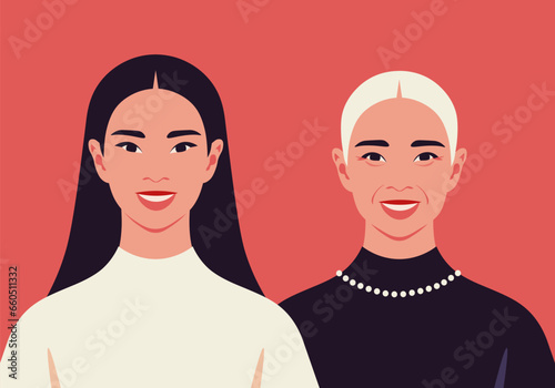 Faces of young and old Asian women. Aging process. Grandmother and granddaughter. Vector flat illustration