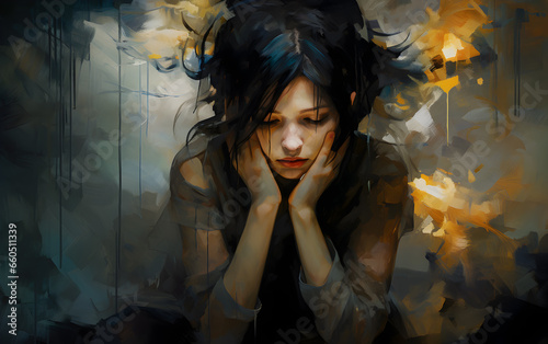 Artistic expression of depression. Dark theme with desperate woman.