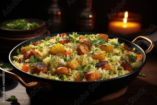 Veg biryani or veg pulav fried rice indian food served in a wok