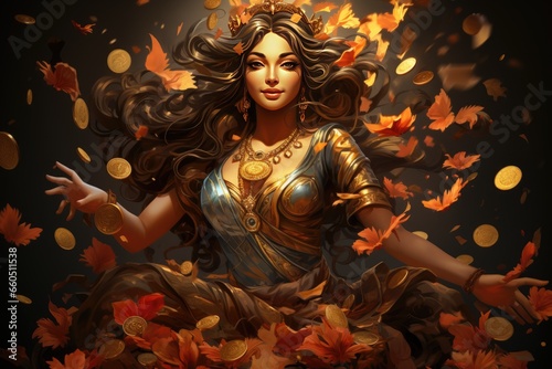 Fantasy mystical women in beautiful traditional dress with golden coins and leaves flying in the background photo