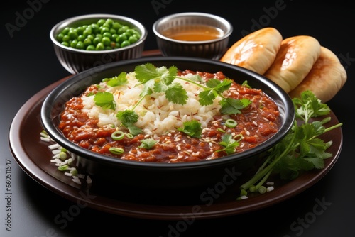Mumbai style pav bhaji is a fast food dish from india, consists of a thick vegetable curry served with a soft bread roll, served in a plate