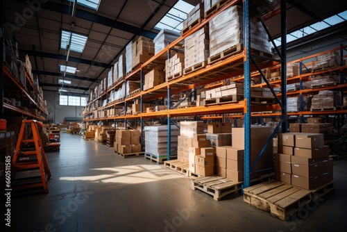 Interior of a large logistics warehouse stacked with palletes and boxes © Anjali