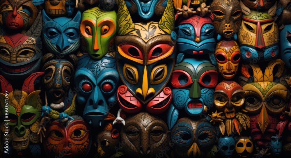 A bunch of colorful wooden masks sitting on top of each other A bunch of colorful wooden masks sitting on top of each other