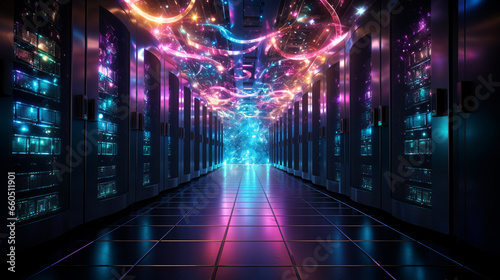 the data center hallway with lights and colorful streaks