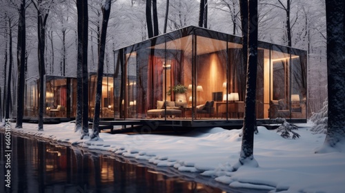 A couple of glass houses sitting on top of snow covered ground
