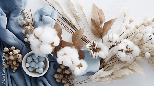 A table topped with a bowl of cotton flowers