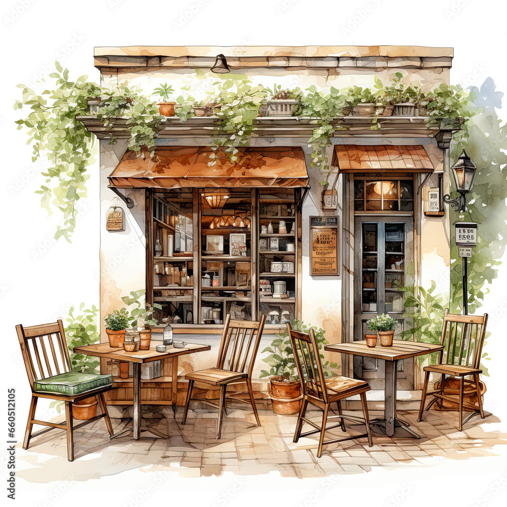 Fototapeta premium Cozy Small Coffee Shop Scene with Trees Watercolor Clip Art