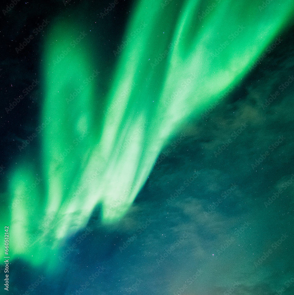 Bright and active Aurora borealis or Northern lights glowing in the night sky on Arctic circle