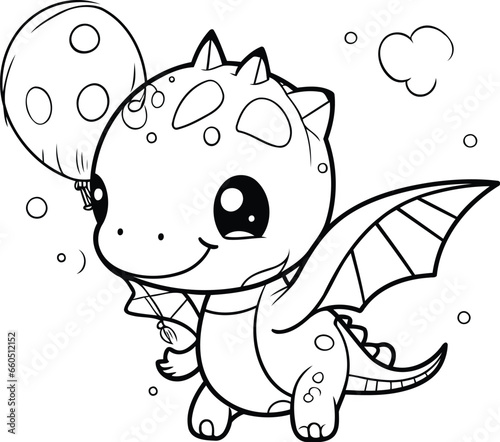 Black and White Cartoon Illustration of Cute Dinosaur Character for Coloring Book