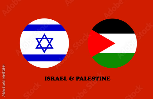 Flags of Israel and Palestine painted circle shape on red background is symbol of nation. Concept of Conflict between Israel and Palestinian Authorities. Jewish separatist war Islam in desert areas.