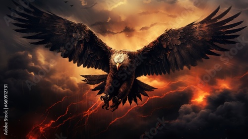 A dramatic sky with a thunderstorm, a huge eagle with wings on fire flies. Generation AI