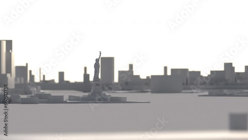 White 3D model of New York with the Statue of Liberty in the middle. Rotating zoom camera with depth of field.