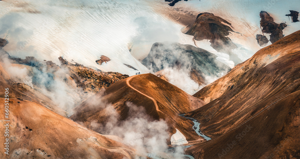 Landscape of Kerlingarfjoll volcanic mountain range with sulfur smoke and tourist hiking in summer at Icelandic Highlands - obrazy, fototapety, plakaty 