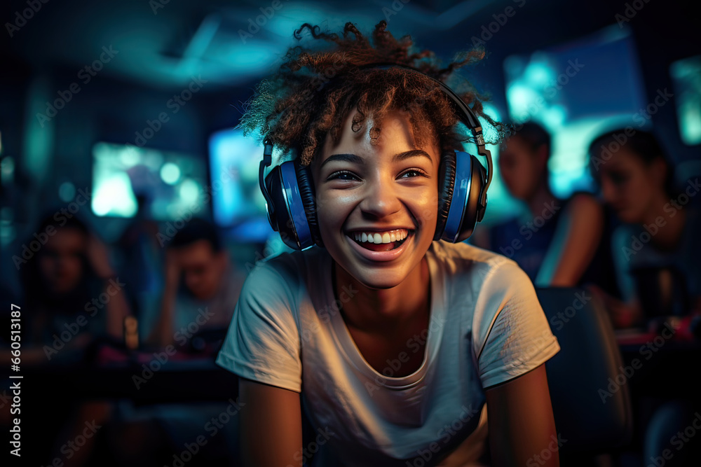 Latin teenage girl in wireless headphones indoors, led lighting background. Electronic sports gamer, listening music concept. Generative AI. - obrazy, fototapety, plakaty 