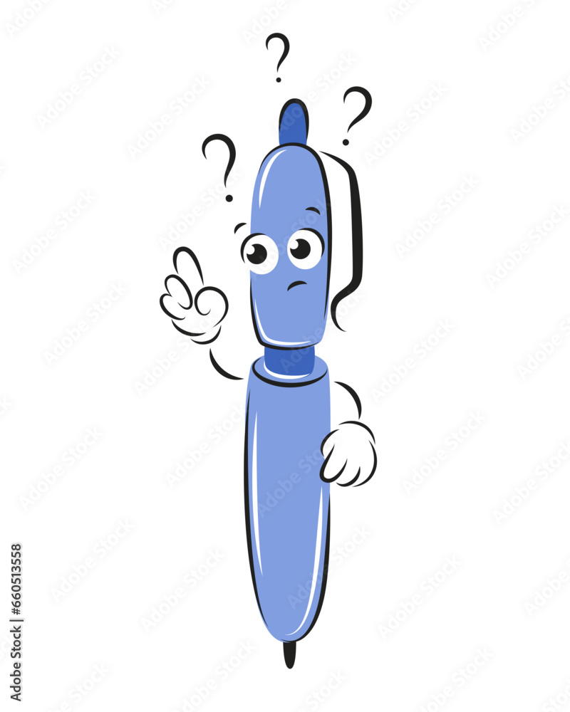 Cartoon pen with question marks. Knowledge and education concept. Vector illustration stationery for children design or school. Cartoon pen with question marks. Knowledge and education concept. Vector illustration stationery for children design or school.