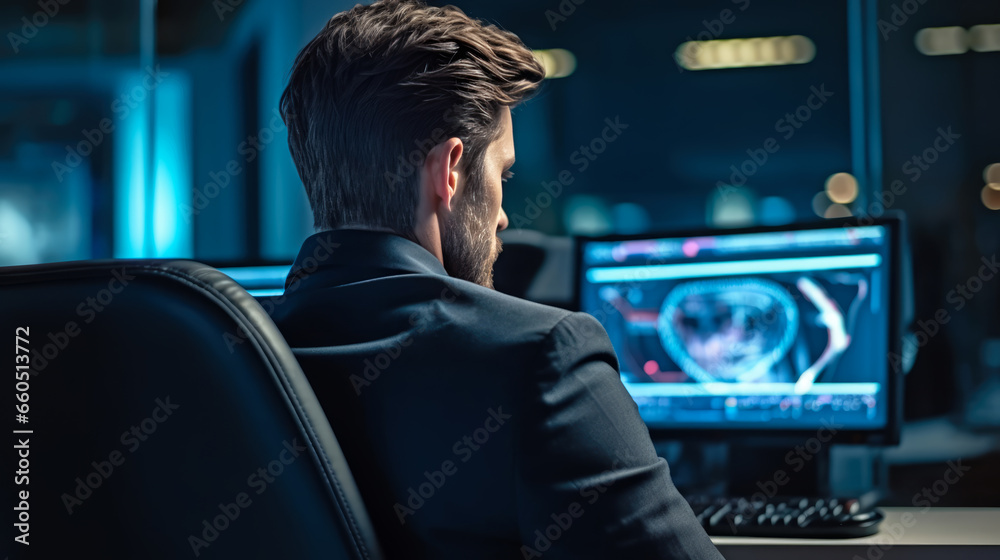 Business man back to camera consulting data on monitor in the office. Back view of manager working on computer in project management. generative Ai