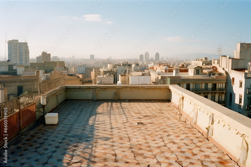 Empty sunny terrace. Balcony of apartment with a view to the street and blue sky in the center of Barcelona