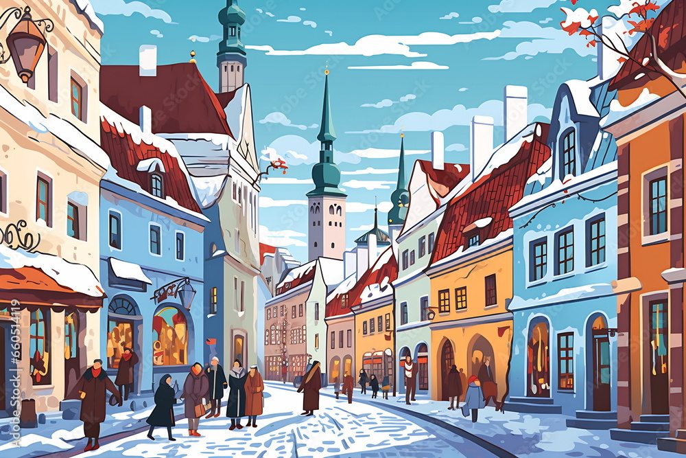 Obraz premium Tallinn urban landscape. Pattern with houses. Illustration