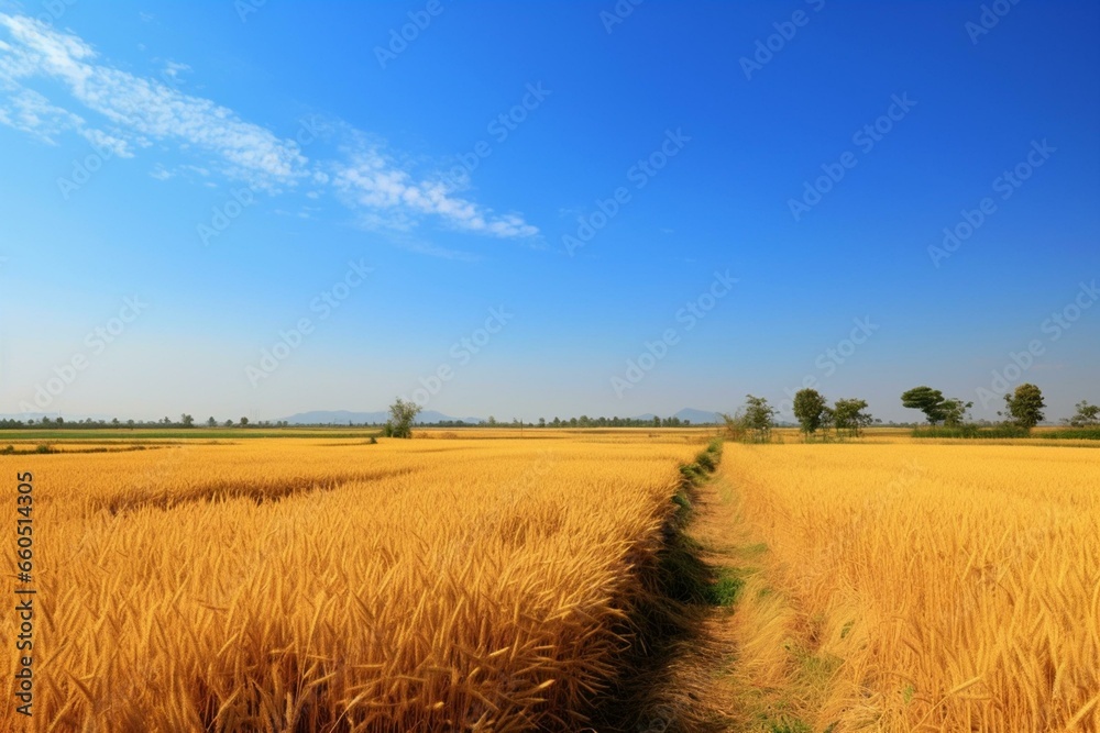 Rice field pre-harvest under a clear sky. Generative AI