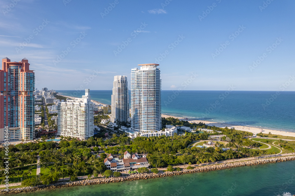 Fototapeta premium Aerial drone view over Miami Beach Florida