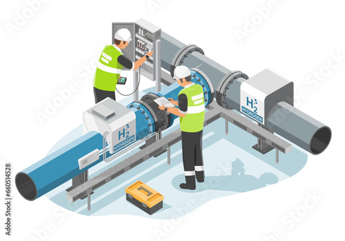 Green hydrogen pipline h2 Clean energy concept engineer and worker inspecting Transmission System after construction installing isometric isolated vector