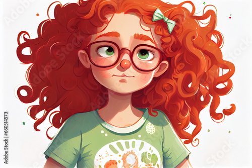 Cute cartoon curly redhead girl with glasses. Cartoon character