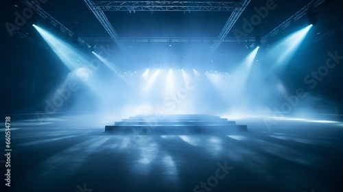 Empty night scene with spotlights, blue neon, concrete floor, smoke, smog. Generation AI © MiaStendal