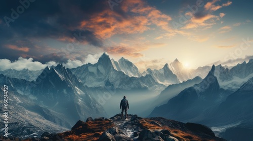 A male climber stands with his back on the top and looks at the mountains. The theme of victory and overcoming your fears. photo