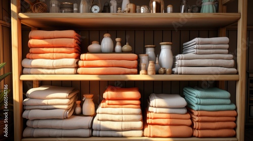 Clean cotton neatly folded towels and washing supplies on a wooden shelf. The theme of cleanliness, cleaning and order.