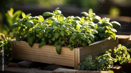 Fresh young green seedlings in a wooden box. Theme of ecology and gardening.