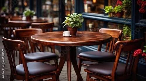 Fototapeta Naklejka Na Ścianę i Meble -  Round wooden table and chairs around it in a street cafe. Theme of recreation and tourism.