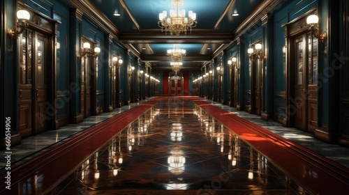 Chic interior of an elite hotel with many expensive things. View of a cozy corridor.