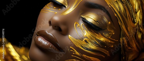 Beautiful girl with fashionable makeup and golden paint on her face. Close-up. Theme of glamor and fashionable image. photo