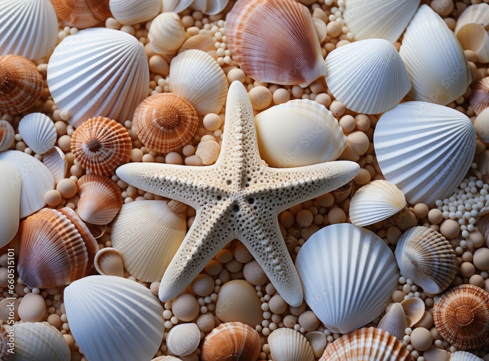 Seashells and starfish. Top view, close-up. The theme is the sea element.