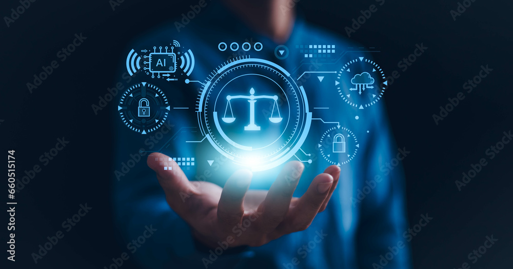 AI ethics or AI Law concept. Developing AI codes of ethics. Compliance, regulation, standard , business policy and responsibility for guarding against unintended bias in machine learning algorithms. - obrazy, fototapety, plakaty 