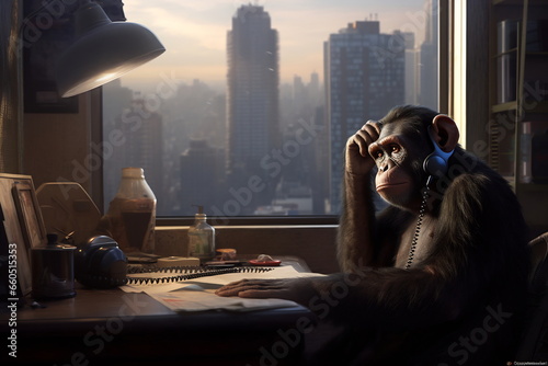 A monkey dressed like a businessman and sitting at the table