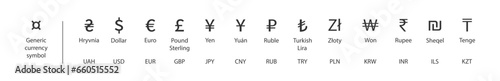 Currency signs set. Dollar, Euro, Yen and other monew currencies icon. Vector isolated