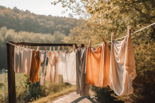 Clothes hanging on a clothesline with wooden clothespins. The calm rural village life in the background. Cottagecore